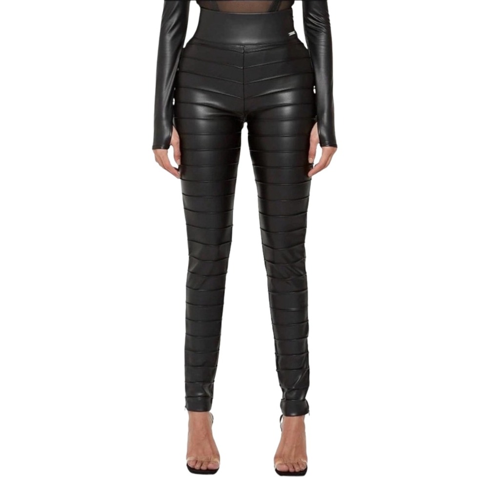 Maniere De Voir Pants Size 16 Black Ribbed Vegan Faux Leather High Waisted Moto